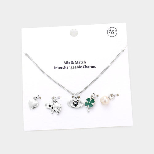 Heart Elephant Evil Eye Clover Freshwater Pearl Interchangeable Pendant Necklace - Rhodium