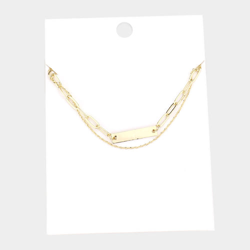 Brass Metal Bar Pendant Double Layered Necklace - Gold