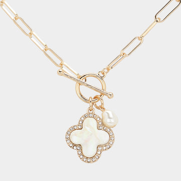 Madeline Love Gold, Mother of Pearl Mother Of Pearl Quatrefoil Pendant Paperclip Chain Toggle Necklace - Necklaces