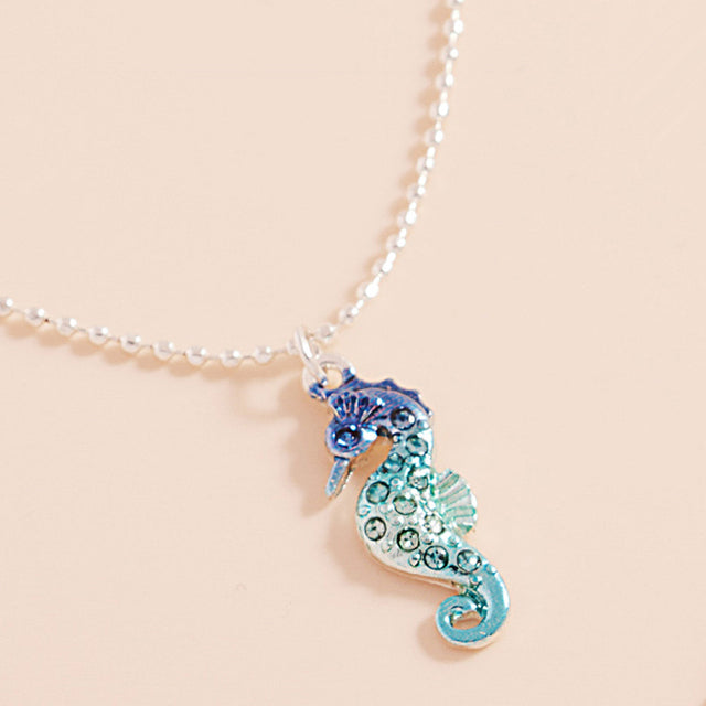 Madeline Love Blue, Silver Stone Paved Colored Metal Seahorse Pendant Necklace - Jewelry
