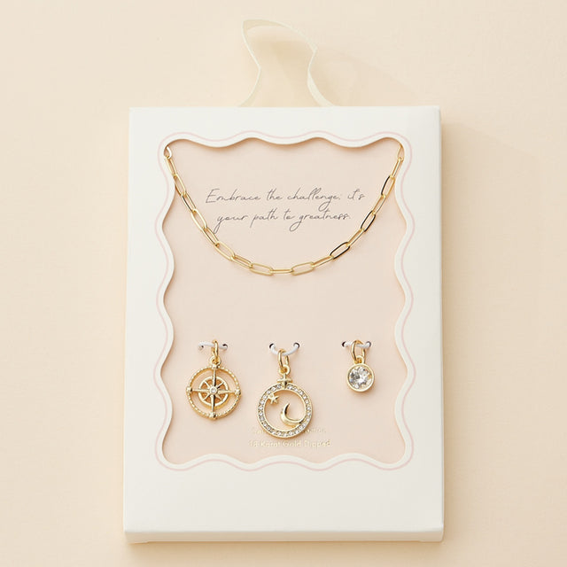Madeline Love Gold Semi Fine Collection - 18K Gold Dipped Brass Metal Stone Paved Star Moon Compass Stone Charm Pendant Paperclip Chain Necklace - Necklaces
