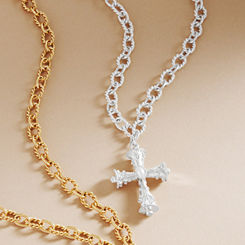 Pearl Pointed Cross Pendant Textured Metal Chain Necklace - Cream, Silver