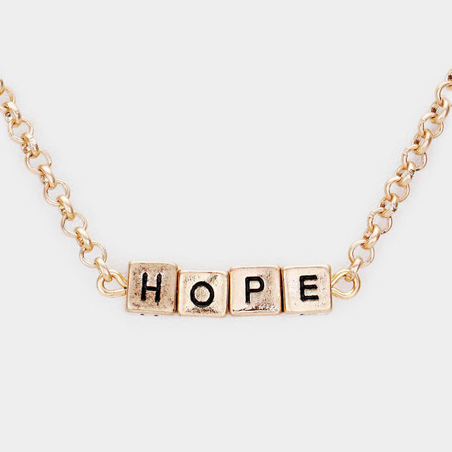 Madeline Love Worn Gold HOPE Metal Cube Pendant Necklace - Necklaces