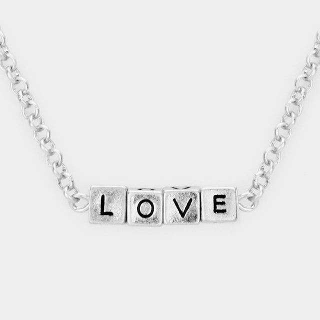 LOVE Metal Cube Pendant Necklace - Rhodium - Necklaces