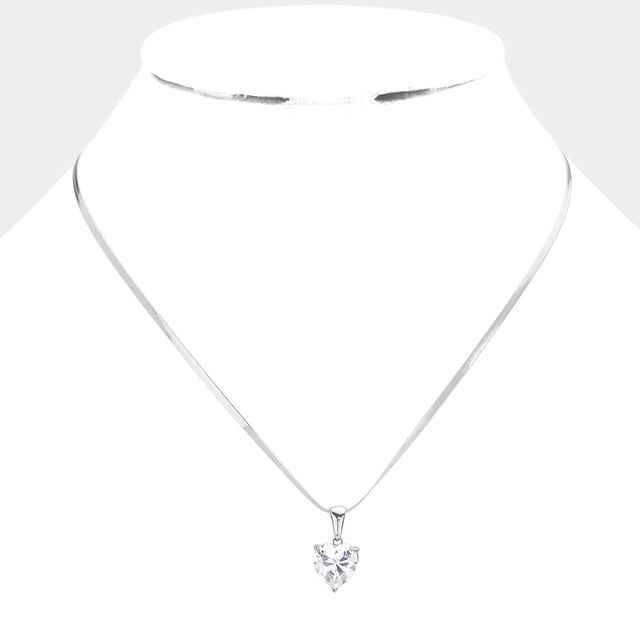 Stainless Steel CZ Heart Pendant Necklace - Necklaces