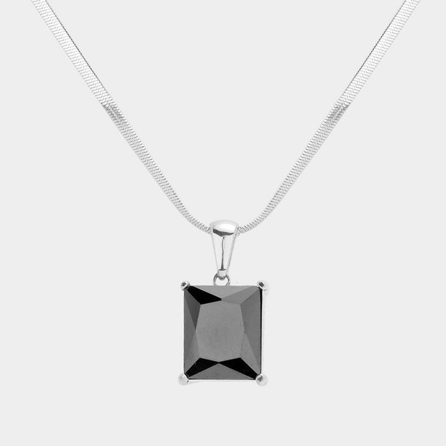 Madeline Love Black, Rhodium Stainless Steel CZ Rectangle Pendant Necklace - Hair Accessories