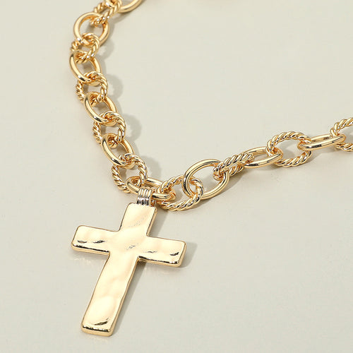 Hammered Metal Cross Chunky Textured Chain Necklace - Gold