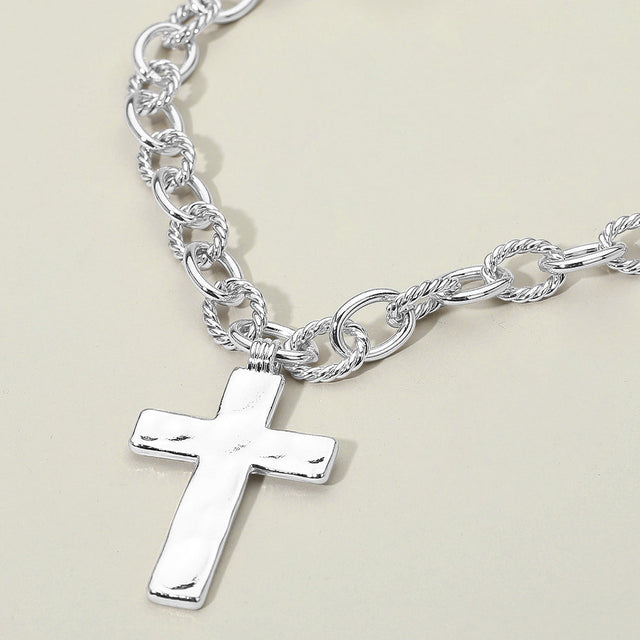 Madeline Love Silver Hammered Metal Cross Chunky Textured Chain Necklace - Necklaces