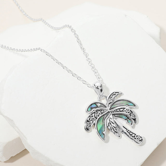 Madeline Love Abalone, Antique Silver Antique Metal Abalone Pointed Palm Tree Pendant Necklace - Jewelry