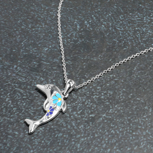 Madeline Love Multi, Silver Enamel Flower Dolphin Pendant Necklace - Jewelry