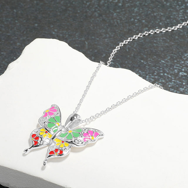 Madeline Love Multi, Silver Enamel Flower Butterfly Pendant Necklace - Jewelry