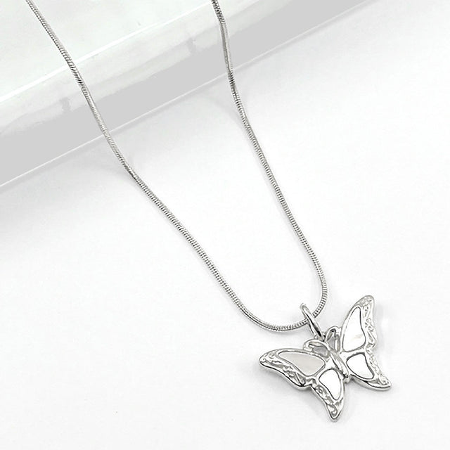 Madeline Love Rhodium Stainless Steel Mother of Pearl Butterfly Pendant Necklace - Jewelry