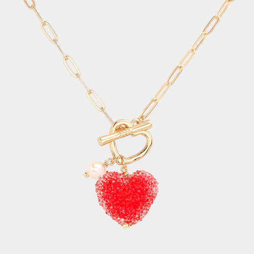 Heart Pearl Pendant Toggle Necklace - Red
