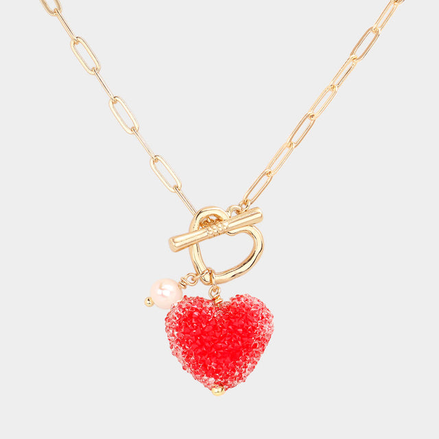 Madeline Love Red Heart Pearl Pendant Toggle Necklace - Necklaces
