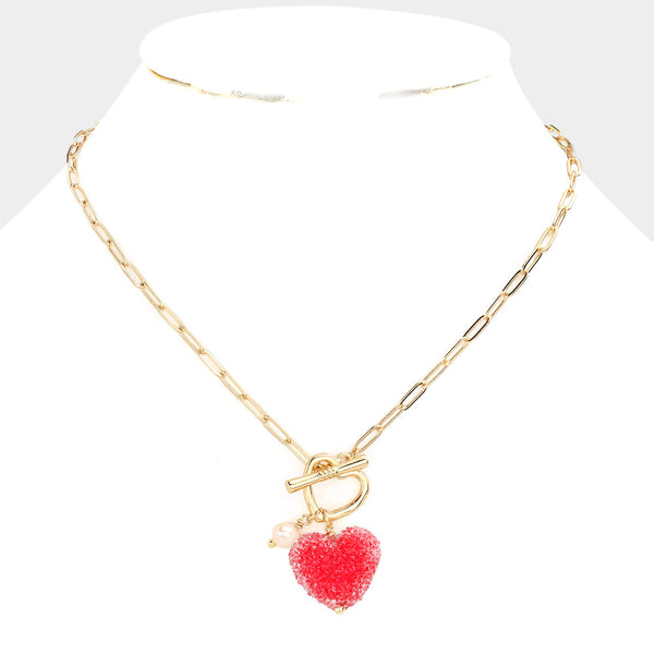 Heart Pearl Pendant Toggle Necklace