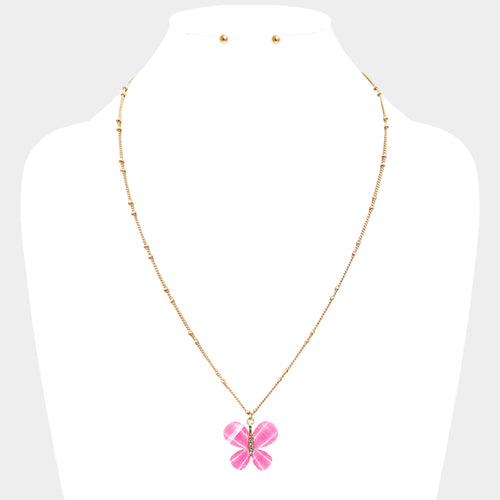 Glittered Resin Butterfly Pendant Necklace - Fuchsia