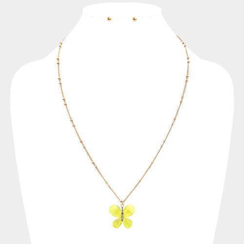 Glittered Resin Butterfly Pendant Necklace - Yellow