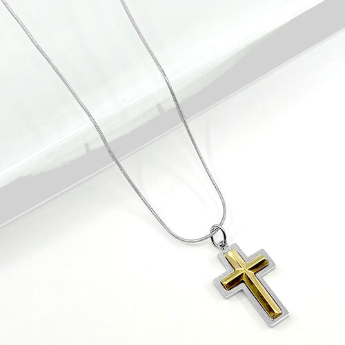 Stainless Steel Two Tone Cross Pendant Necklace - Rhodium