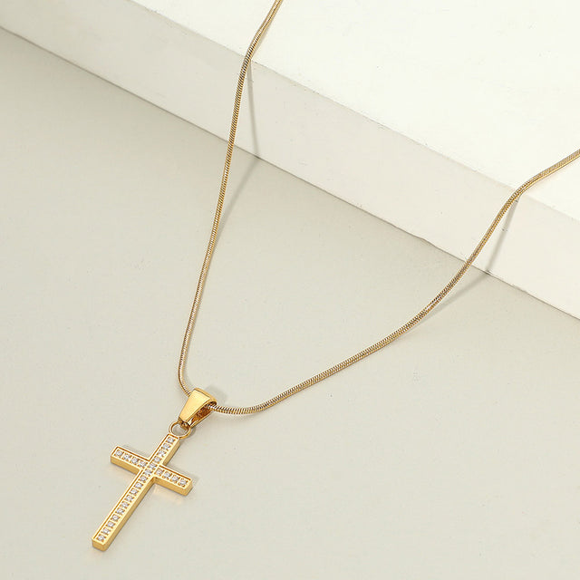 Madeline Love Gold 18K Gold Dipped Stainless Steel Stone Paved Cross Pendant Necklace - Jewelry