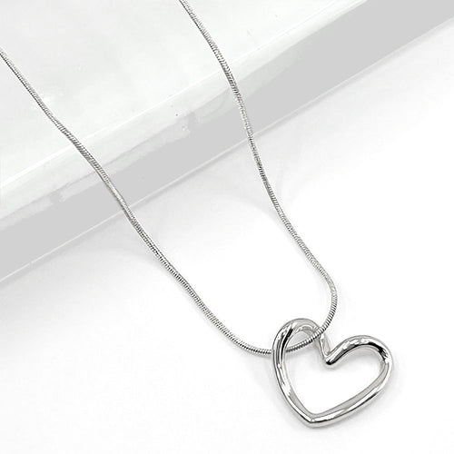 Stainless Steel Open Heart Pendant Necklace - Rhodium