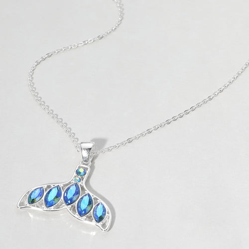 Stone Embellished Whale Tale Pendant Necklace - Blue, Silver