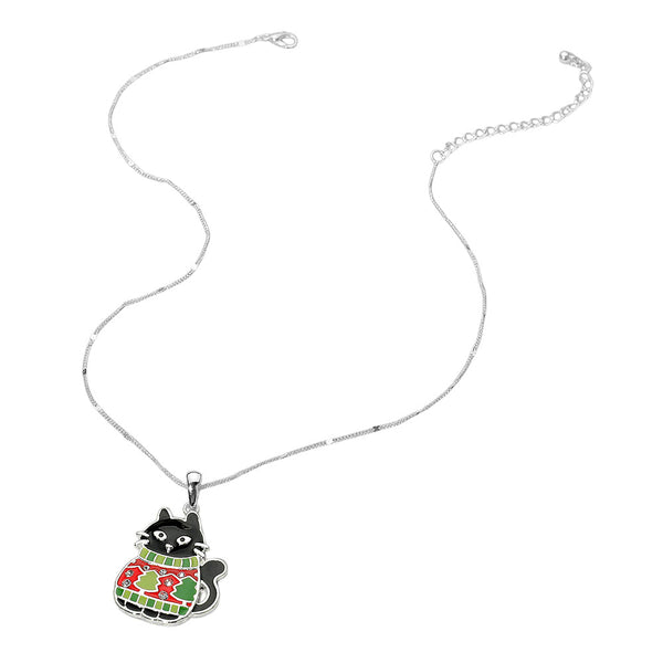 Multi Silver Christmas Sweater Black Cat Pendant Necklace