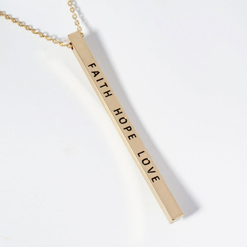 FAITH HOPE LOVE Brass Metal Bar Pendant Necklace - Gold