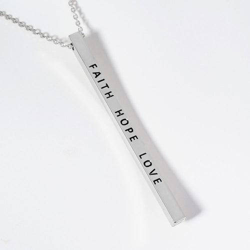 FAITH HOPE LOVE Brass Metal Bar Pendant Necklace - Rhodium