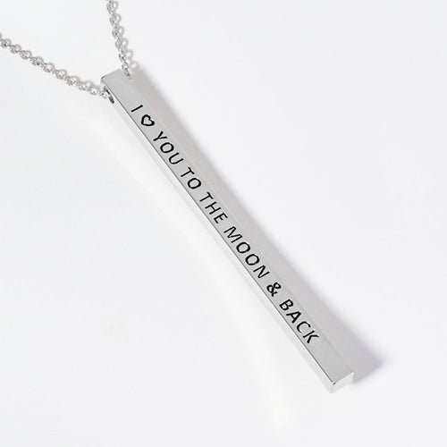 I Love You To The Moon & Back Brass Metal Bar Pendant Necklace - Rhodium