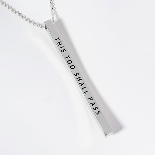 THIS TOO SHALL PASS Brass Metal Bar Pendant Necklace - Rhodium