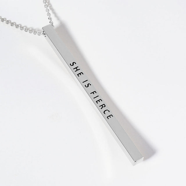 Madeline Love Rhodium SHE IS FIERCE Brass Metal Bar Pendant Necklace - Necklaces