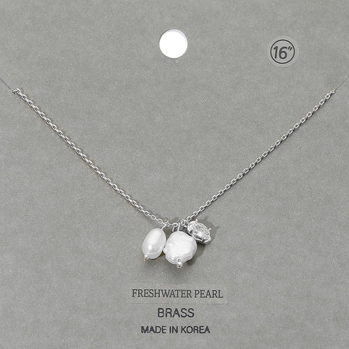 Freshwater Pearl Stone Cluster Charm Pendant Necklace - Cream, Rhodium