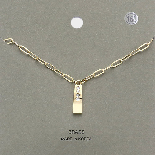 Brass Metal Stone Paved Bar Pendant Necklace - Gold