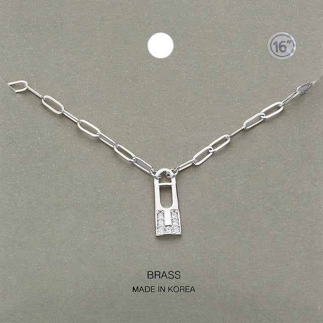 Madeline Love Rhodium Brass Metal Stone Paved Lock Pendant Necklace - Necklaces