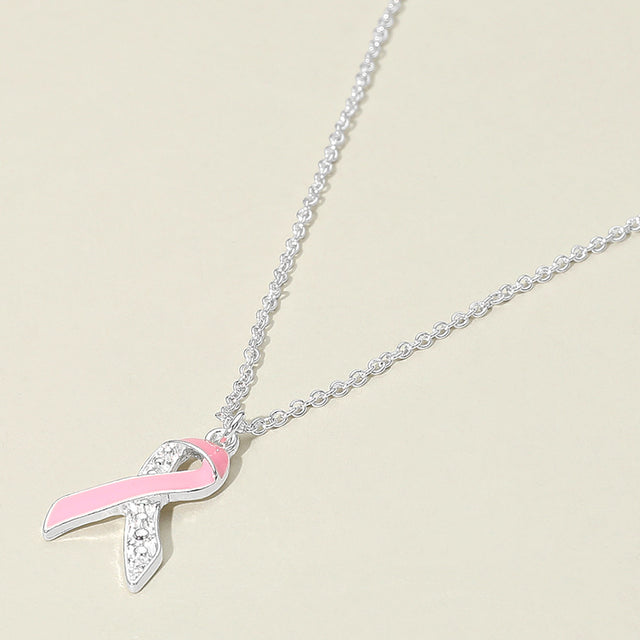 Madeline Love Pink, Silver Stone Paved Enamel Pink Ribbon Pendant Necklace - Jewelry