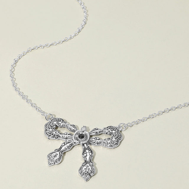 Madeline Love Antique Silver Stone Accent Antique Metal Vintage Bow Pendant Necklace - Jewelry