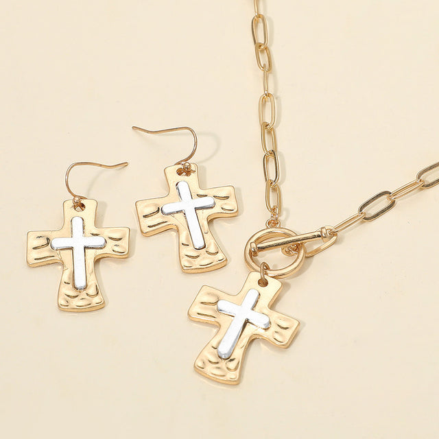 Madeline Love Two Tone, Worn Gold Brushed Hammered Metal Cross Pendant Paperclip Chain Toggle Necklace - Jewelry