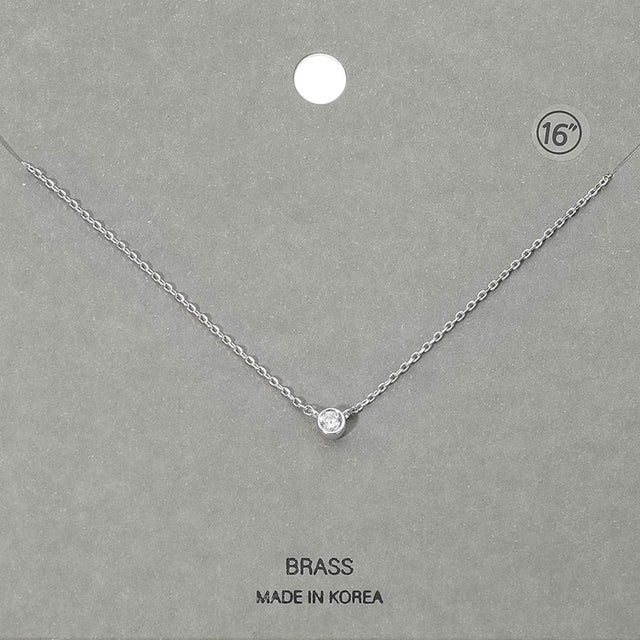 Madeline Love Clear, Rhodium Minimal Round Stone Bezel Pendant Necklace - Jewelry