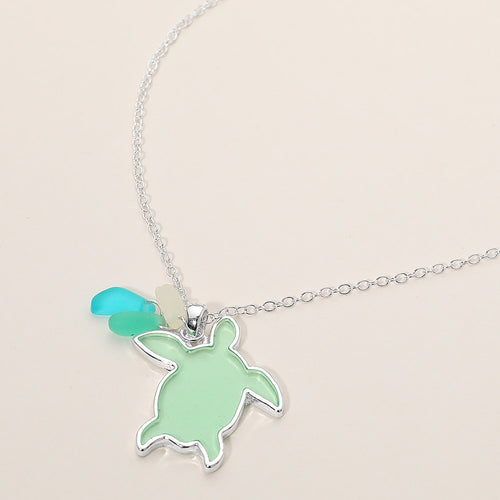 Sea Glass Sea Turtle Pendant Necklace - Green, Silver