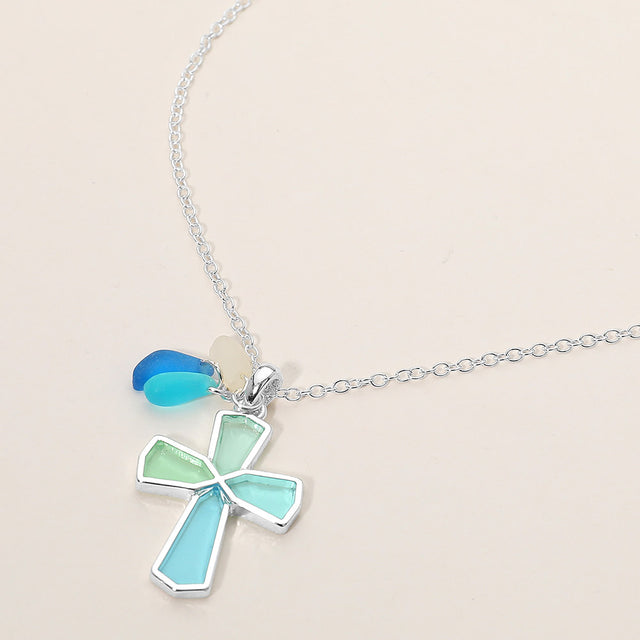 Madeline Love Blue, Silver Sea Glass Coastal Cross Pendant Necklace - Jewelry