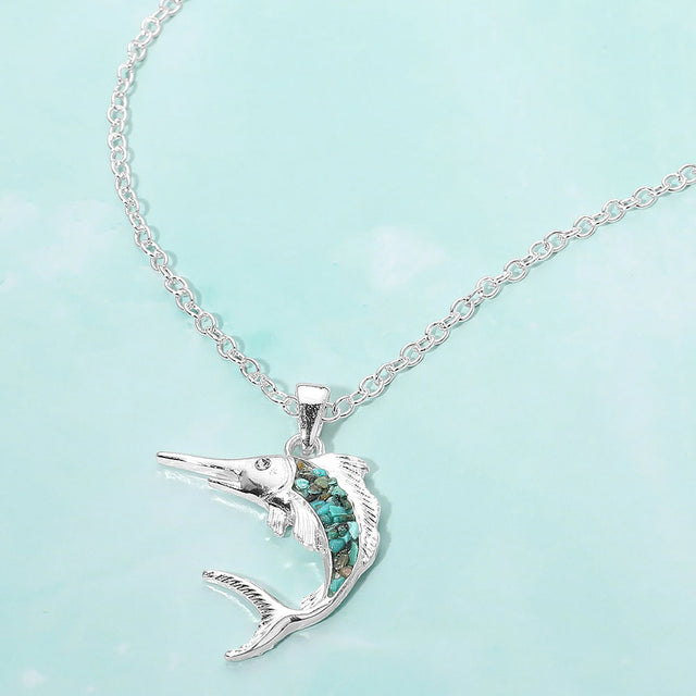 Madeline Love Silver, Turquoise Crushed Pebble Swordfish Pendant Necklace - Jewelry