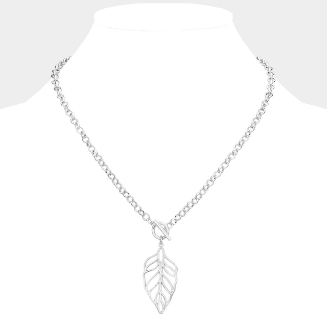 Madeline Love Worn Silver Cut Out Metal Leaf Pendant Toggle Necklace - Necklaces