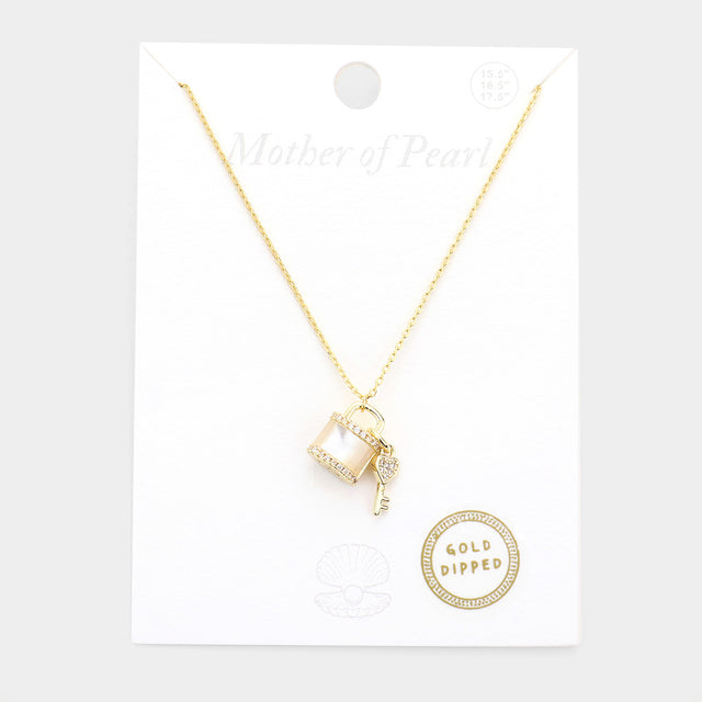 Madeline Love Mother of Pearl Gold Dipped Mother of Pearl Lock Key Pendant Necklace - Necklaces