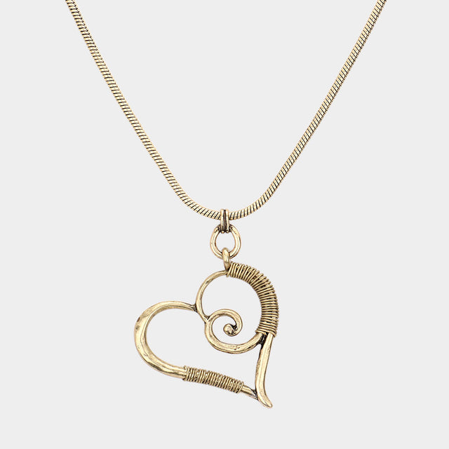 Open Heart Vintage Metal Necklace - Gold Burnished - Necklaces