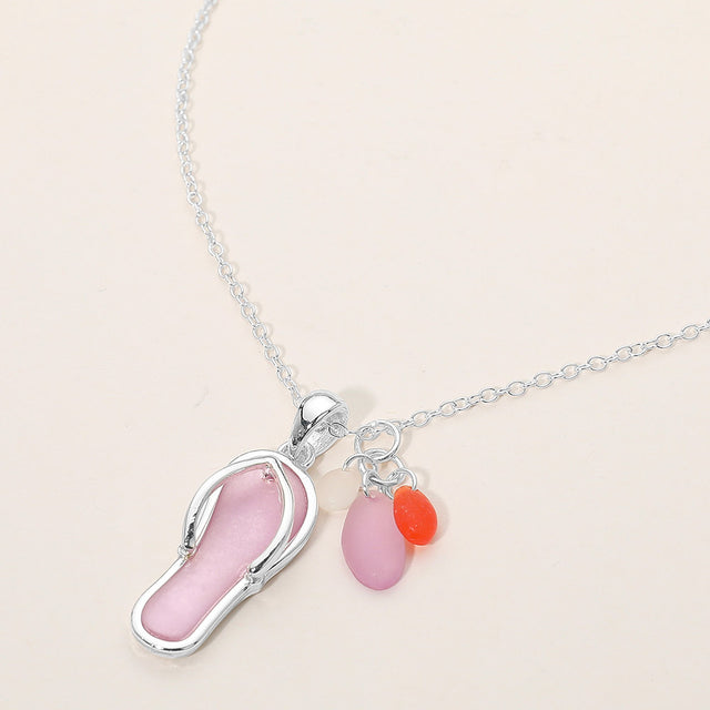 Madeline Love Pink, Silver Sea Glass Flip Flop Charm Pendant Necklace - Jewelry
