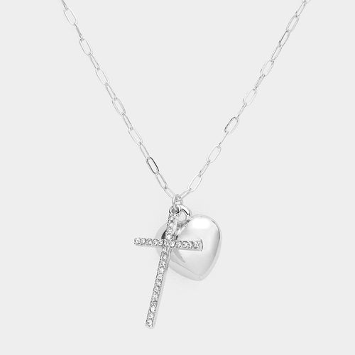 Stone Paved Cross Metal Heart Pendant Necklace - Rhodium