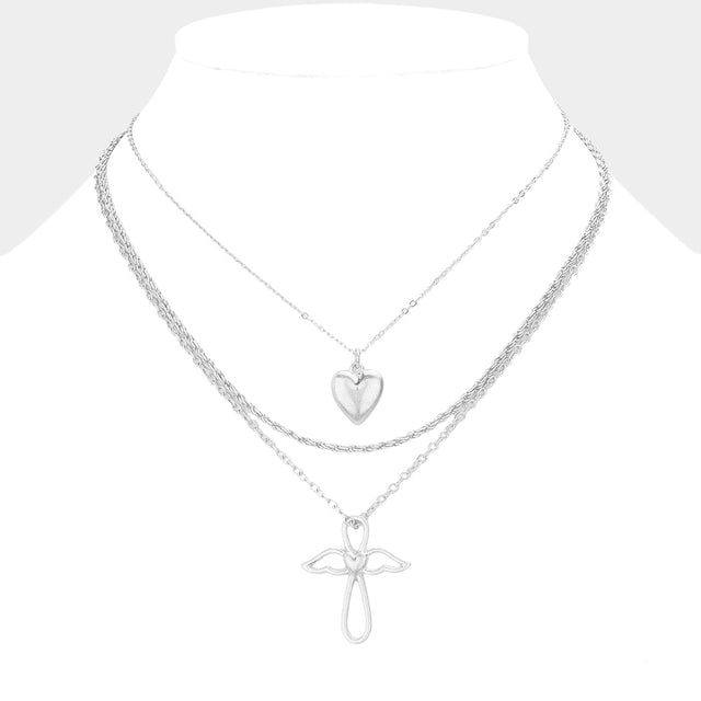 Madeline Love Worn Silver 3PCS - Metal Heart Angel Wing Cross Pendant Necklaces