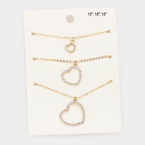 3PCS - Rhinestone Embellished Open Heart Pendant Necklaces - Gold
