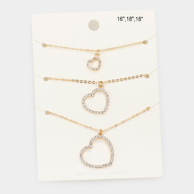 Madeline Love Gold 3PCS - Rhinestone Embellished Open Heart Pendant Necklaces