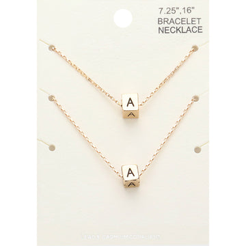 Madeline Love Gold 2PCS - -A- Initial Monogram Metal Cube Pendant Necklace / Bracelet Set - Bracelets